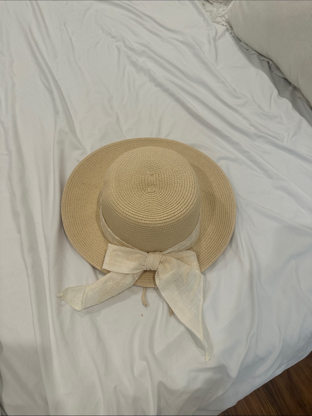 Beige Straw Sun Hat with Cream Bow - Women Accessories